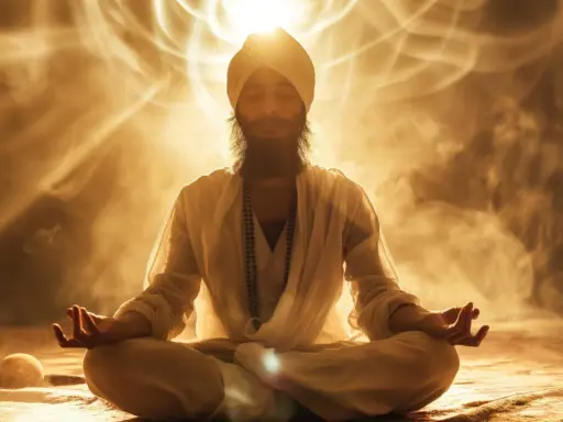 Man i turban sitter i lotusställning, omgiven av gyllene ljus och rök. Hans ögon är slutna, händerna i meditation. En känsla av kundalini energi strålar ut.