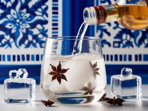 Ouzo wird in ein Glas mit Eis und Sternanis gegossen. Der Ouzo-Prozent-Gehalt ist hoch.