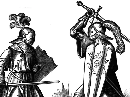 Zwei page ritter in voller Rüstung mit Federschmuck auf den Helmen und Schwertern in den Händen, bereit zum Kampf.