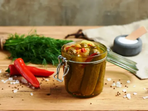 Słoik pełen pikantnych ogórków po meksykańsku, obok świeży koperek i czerwone papryczki chili.