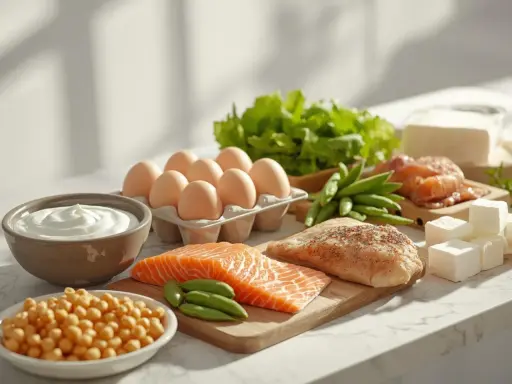 Zdrowe produkty bogate w białko: łosoś, kurczak, jajka, jogurt, ciecierzyca, fasolka, ser. Kluczowe składniki dla diety zapobiegającej sarkopenii.