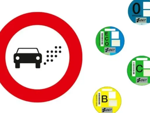 Señal de prohibición de circulación de vehículos contaminantes. Pegatinas DGT de emisiones: 0, ECO, C, B. ZBE Murcia.