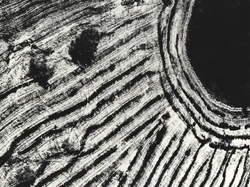 Campi arati visti dall'alto, un'opera di Mario Giacomelli. Le striature bianche e nere creano un paesaggio astratto e dinamico.