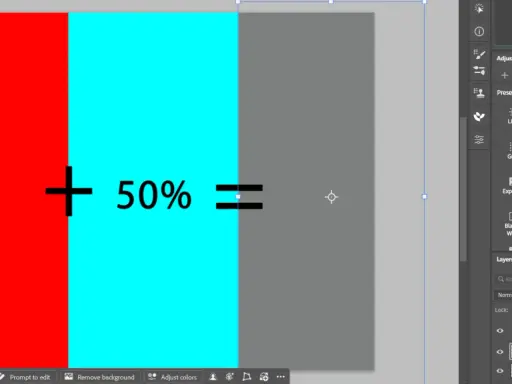 Rosso e ciano, **colori complementari**, uniti al 50% creano un grigio neutro, come mostrato nell'interfaccia di un software di editing.