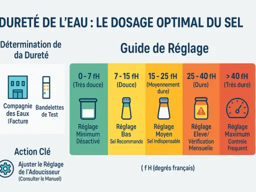 Guide pour ajuster le sel de votre adoucisseur d'eau selon sa dureté. L'eau moyennement dure (15-25 fH) nécessite un réglage moyen et du sel indispensable.