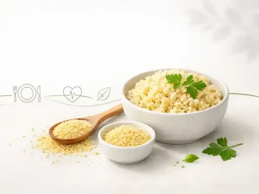 Kasza kuskus w miseczkach i na łyżce, symbolizująca zdrowy posiłek. Niska zawartość kcal czyni ją idealnym wyborem.