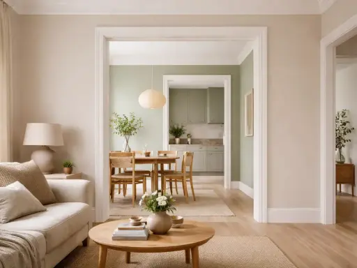 En ljus och harmonisk inredning med en bekväm soffa, ett runt soffbord och en matplats med gröna väggar.