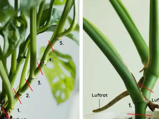 Detaljerad bild som visar hur man tar en monstera stickling. Röda linjer markerar var man ska klippa för att få en lyckad stickling.