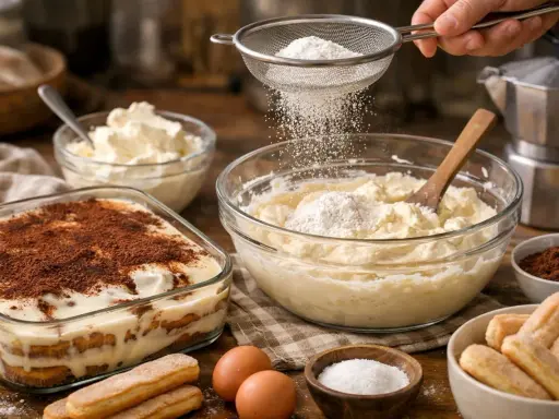 Préparation d'un tiramisu : on tamise de la farine sur un mascarpone trop liquide. Des biscuits à la cuillère, des œufs et du cacao sont disposés autour.