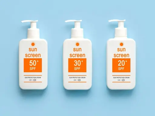 Trois bouteilles de crème solaire avec des indices SPF variés (50+, 30+, 20+). Le SPF signification est la protection contre les rayons du soleil.