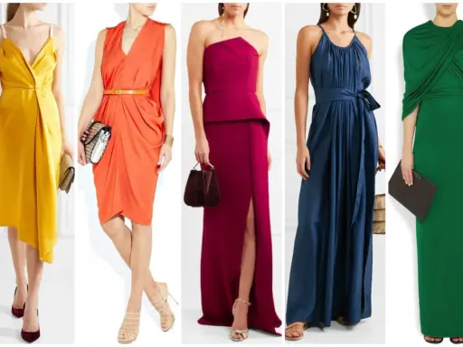 Cinque abiti da donna con un perfetto abbinamento colori: giallo ocra, arancione corallo, fucsia, blu notte e verde smeraldo.