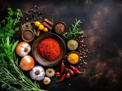 Zioła, cebule, czosnek, papryczki chili, przyprawy w miseczkach i ziarna pieprzu. Idealne składniki, gdy szukasz co zamiast bazylii.