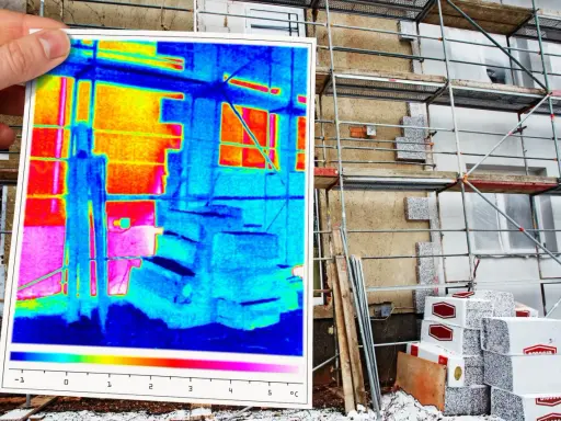Thermografie untersuchung zeigt Wärmeverlust an einem Gebäude mit Gerüst. Farbige Darstellung von Temperaturunterschieden.