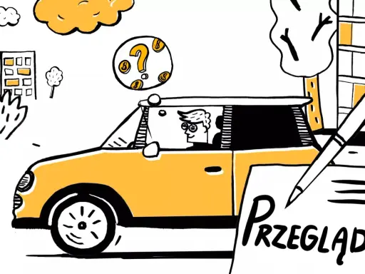Kierowca w okularach zastanawia się nad kosztami przeglądu technicznego samochodu, który właśnie się rozpoczął.