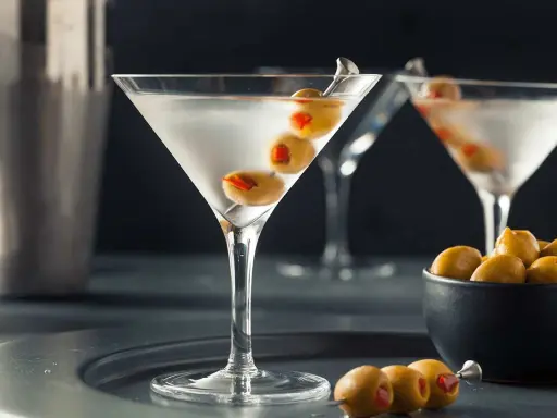 En elegant martini, en klassisk James Bond-drink, med oliver på ett cocktailspett.