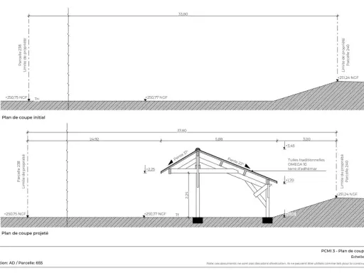 Plan de coupe projeté d'un carport, exemple pour permis de construire. Le projet modifie le terrain pour l'installation.