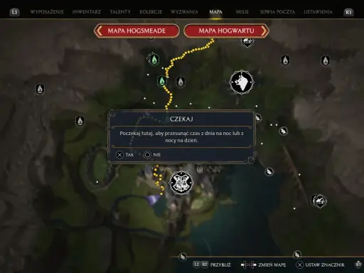 Mapa Hogwartu z opcją "Czekaj", przydatna w **Hogwarts Legacy poradnik**. Pozwala przesunąć czas.
