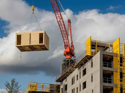 Une grue rouge soulève un module en bois pour la construction hors site d'un bâtiment en béton.