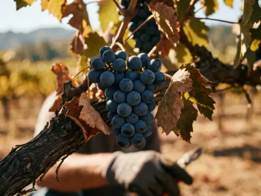 Reife Pinot Noir Trauben hängen am Rebstock, bereit zur Ernte. Ein Winzer mit Handschuhen hält eine Gartenschere im Hintergrund.