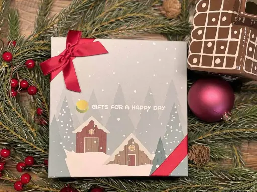 En julklapp med ett vinterlandskap och texten "GIFTS FOR A HAPPY DAY", omgiven av granris och röda bär.