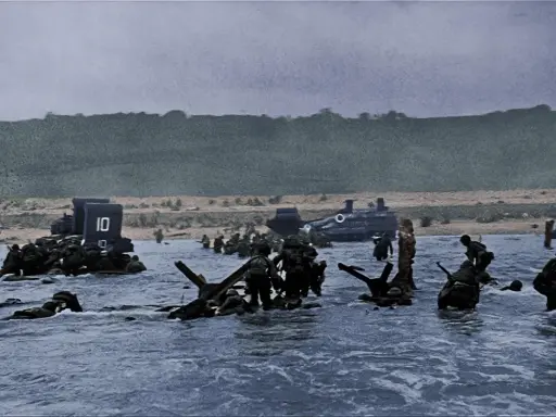 Soldati avanzano nell'acqua durante lo sbarco in Normandia. Un fotografo immortalò questo momento storico.