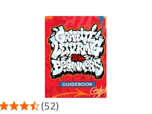 Enkel graffiti-guidebok med titeln "Graffiti Lettering for Beginners". Röd bakgrund med vita och blå bokstäver.