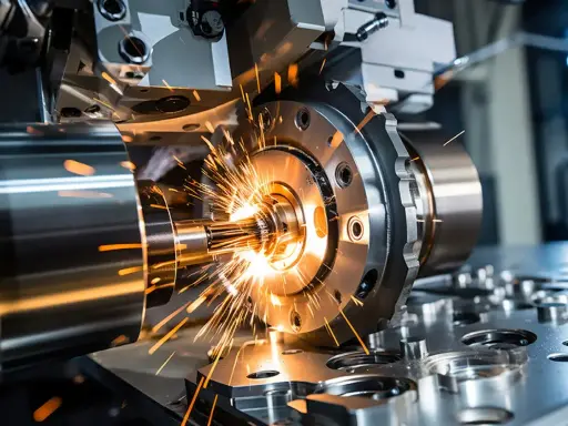 Un operatore CNC svizzero lavora con precisione su una macchina che produce scintille luminose.
