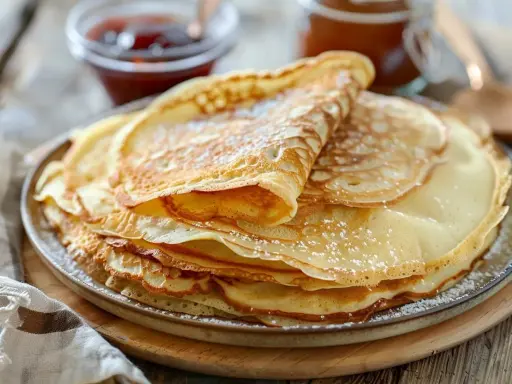 En hög med gyllene tunna pannkakor, pudrade med florsocker, redo att avnjutas med sylt och honung.