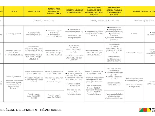 Tableau comparatif des habitats légers selon la loi ALUR : tentes, caravanes, RML, HLL, RMGV, démontables, flottants.