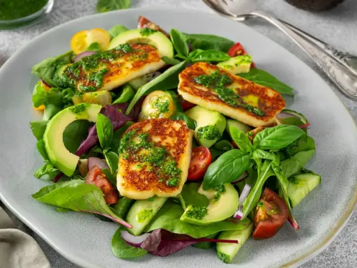 Pyszna sałatka z halloumi, awokado, pomidorkami i świeżymi ziołami, polana zielonym dressingiem.