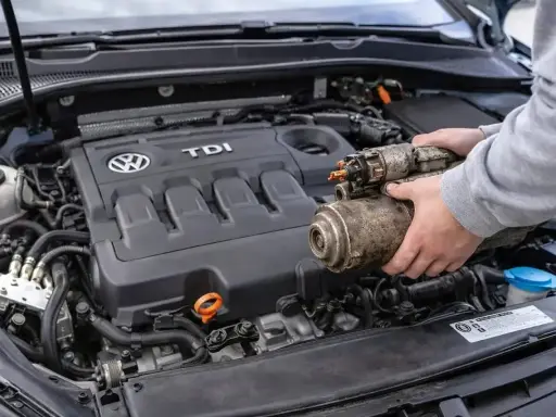 Ręce trzymają zużyty rozrusznik, gdy samochód nie chce odpalić. Widoczny silnik TDI Volkswagena.