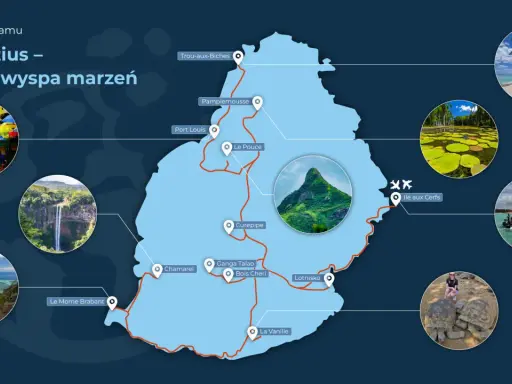 Mapa z trasą zwiedzania Mauritiusa: rajska wyspa marzeń. Zobaczysz tu wodospady, plaże, żółwie i łodzie.