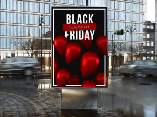 Plakaty do wydruku z napisem "BLACK FRIDAY" i czerwonymi balonami. Promocja do 75% OFF.