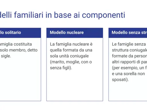 Il **concetto di famiglia** illustrato in tre modelli: solitario (un membro), nucleare (coppia con o senza figli) e senza struttura (altri parenti).
