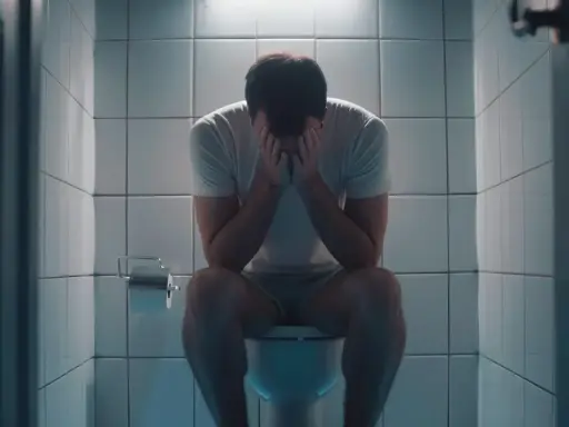 Mężczyzna siedzi na toalecie, trzymając się za twarz. Czuje, że twardy stolec nie chce wyjść, co powoduje jego cierpienie.