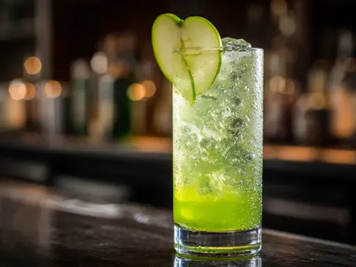 En uppfriskande grön drink, ett drink p2, med is och en äppelskiva som garnering, står på en bardisk.