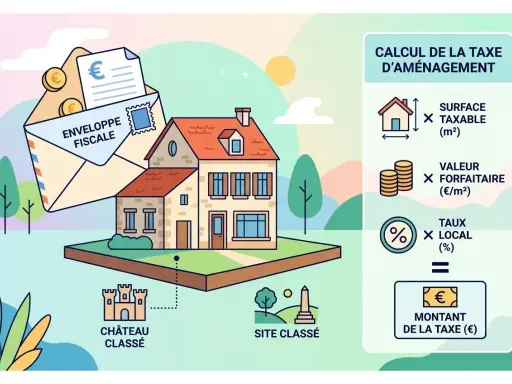 Calcul de la taxe d'aménagement : surface taxable x valeur forfaitaire x taux local = montant de la taxe. Une enveloppe fiscale et une maison illustrent le calcul de la taxe abri de jardin.