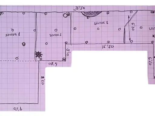 Plano de riego detallado por sectores, con medidas y puntos de instalación.