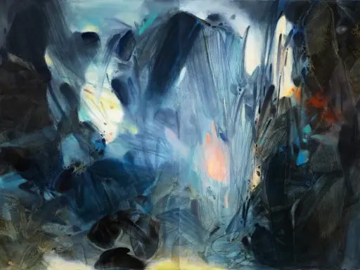 Abstract painting with dark blues, blacks, and hints of orange and yellow. The brushstrokes create a sense of depth and movement, evoking a feeling of a mystical landscape, perhaps a scene from Chu Teh-Chun's imagination.