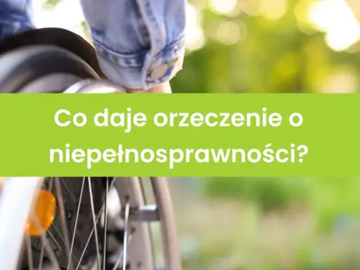 Osoba na wózku inwalidzkim, z zielonym napisem "Co daje orzeczenie o niepełnosprawności?".