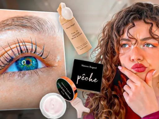 Un œil avec des cils recourbés, des produits de beauté Maison Regard, dont un pour le rehaussement cils, et une femme songeuse.