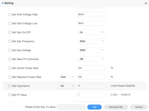 Inställningsmeny för Growatt växelriktare. Visar alternativ för nätspänning, EPS, effektfaktor och exportgräns. Möjliga growatt växelriktare problem kan uppstå om dessa inställningar är felaktiga.