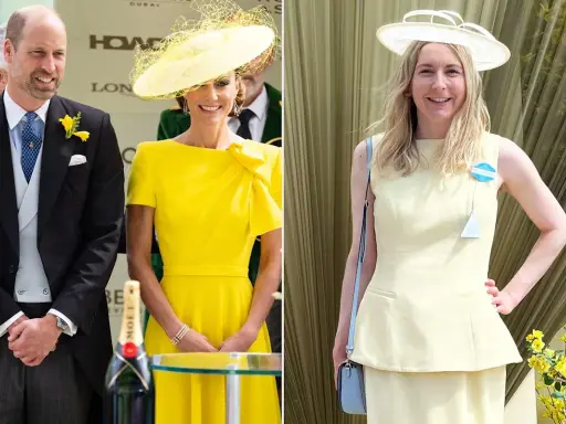 A couple in yellow, adhering to the royal ascot dress code, pose with a bottle of champagne.