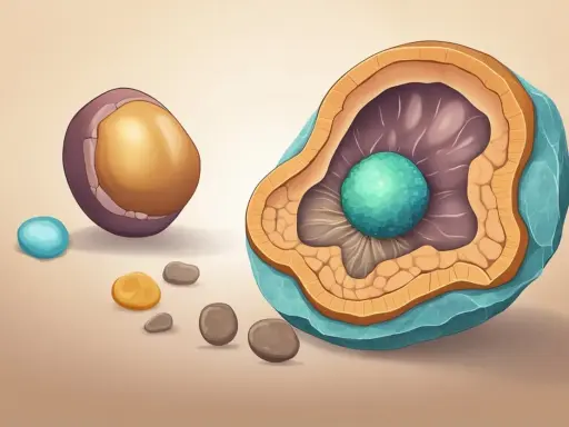 Ilustracja przedstawia przekrój przez komórkę, sugerując przyczyny kamicy nerkowej. Wokół znajdują się małe kamyczki.
