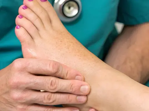 Un podologue examine un pied, ses mains expertes prodiguant des soins attentifs. Le stéthoscope suggère une approche globale pour des soins podologue optimaux.