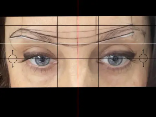 Grille de mesure sur le visage, montrant un sourcil raté. Des flèches indiquent les ajustements nécessaires.