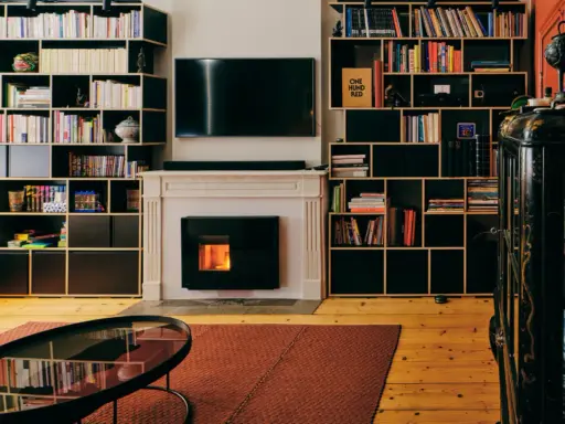 Salon cosy avec cheminée et insert à pellets silencieux, entouré d'étagères remplies de livres.