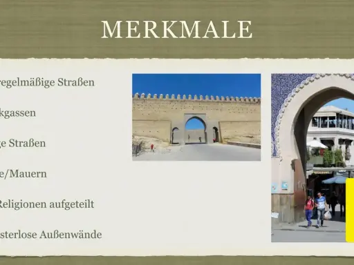 Merkmale einer islamischen orientalischen Stadt: Mauern, Tore, enge Gassen und fensterlose Außenwände.