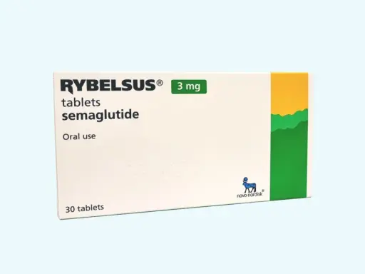 Opakowanie Rybelsus 3 mg, tabletek z semaglutydem, stosowanych doustnie. To lek na receptę, który może wspierać proces odchudzania.