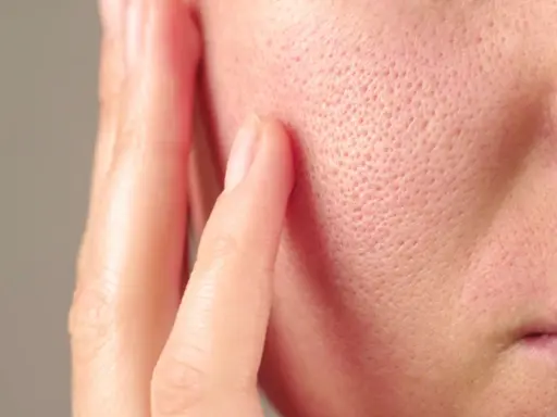 Gros plan sur la joue d'une personne, montrant les pores de la peau. Des doigts effleurent délicatement la surface.